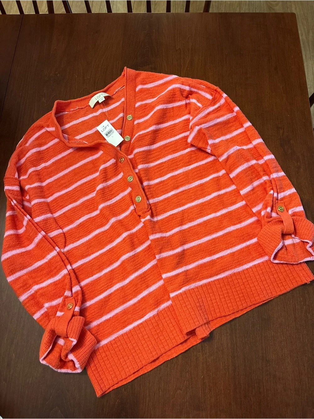 LOFT Orange and Pink Striped Henley Sweater